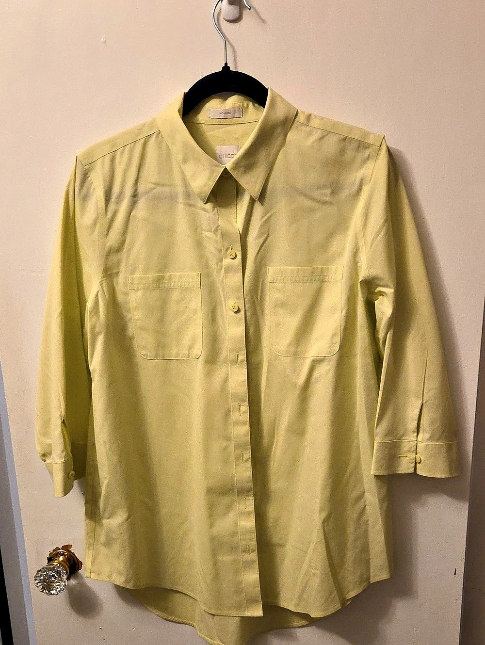 Chico's No Iron 3/4 Sleeve Button-Down Shirt Yellow Medium